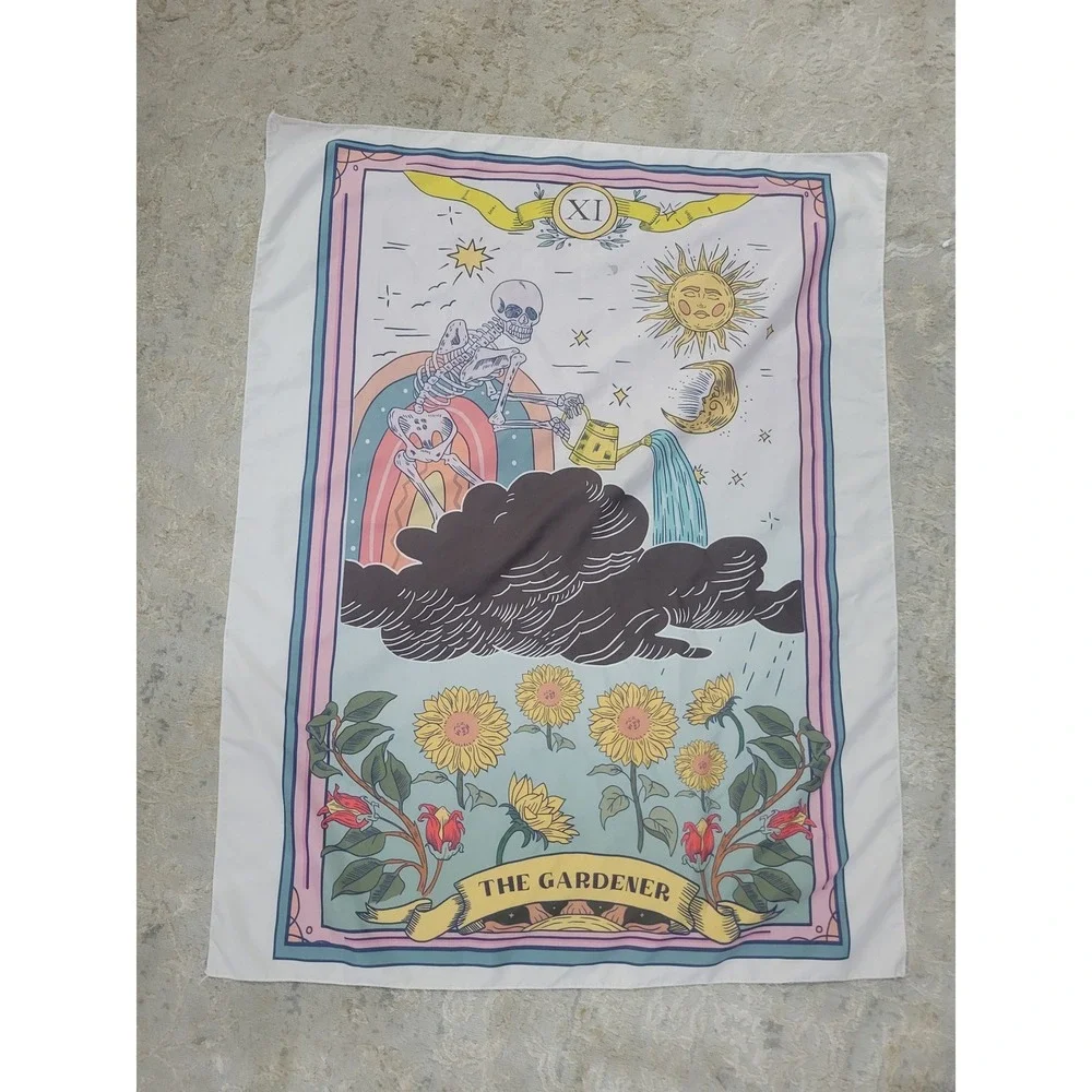 The Gardener Tarot Card Skeleton Sunflower Wall Tapestry‎ 36x28 Pink Blue XI